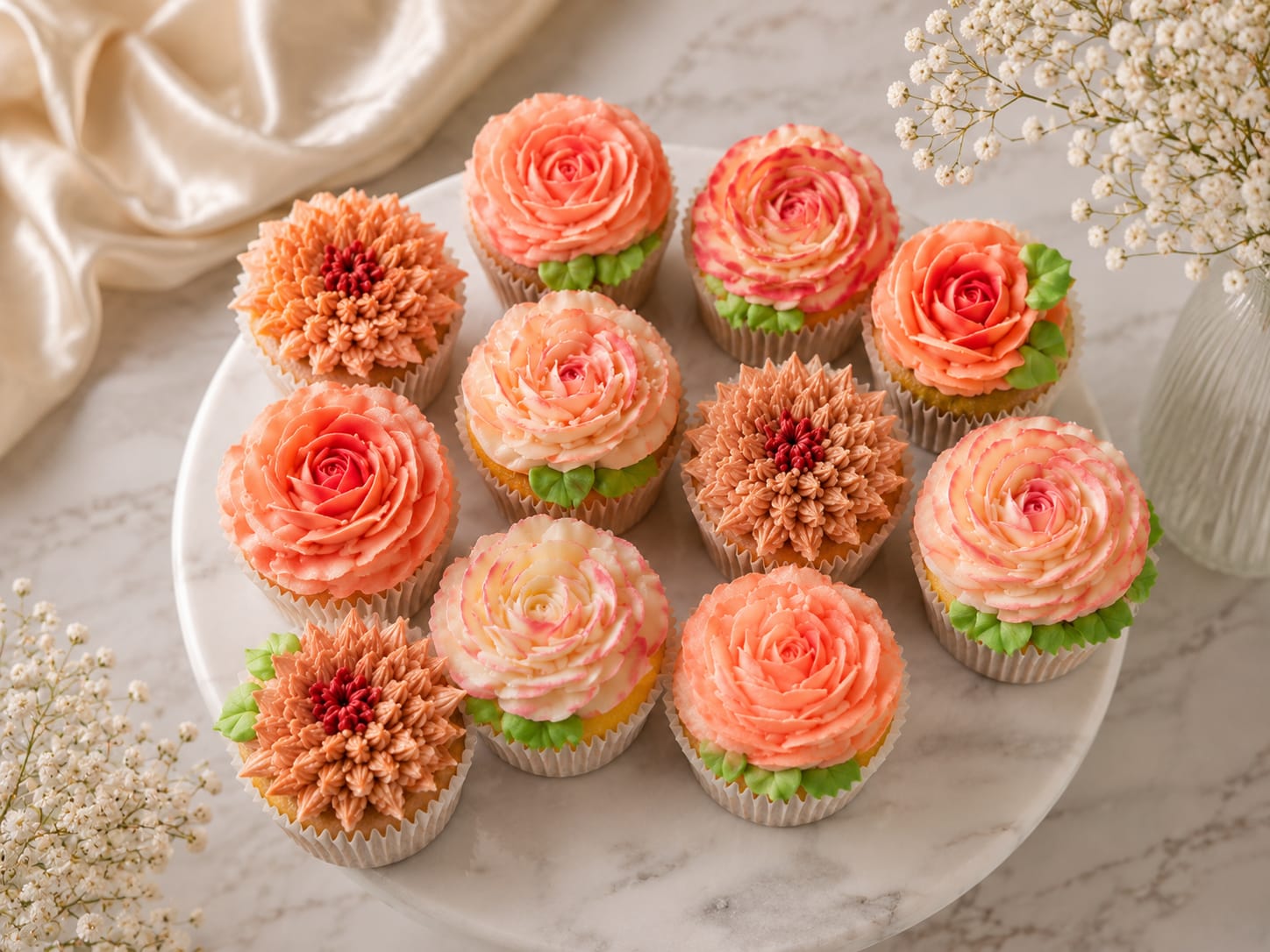 Hand-piped floral cupcakes arranged on an elegant platter
