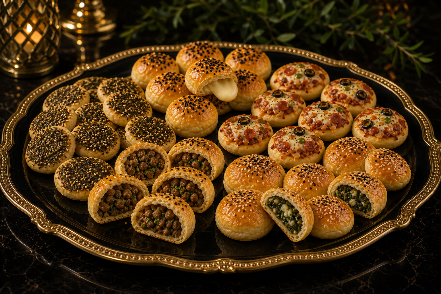 An elegant mixed platter of beef, cheese, zaatar, spinach and pizza mini pies