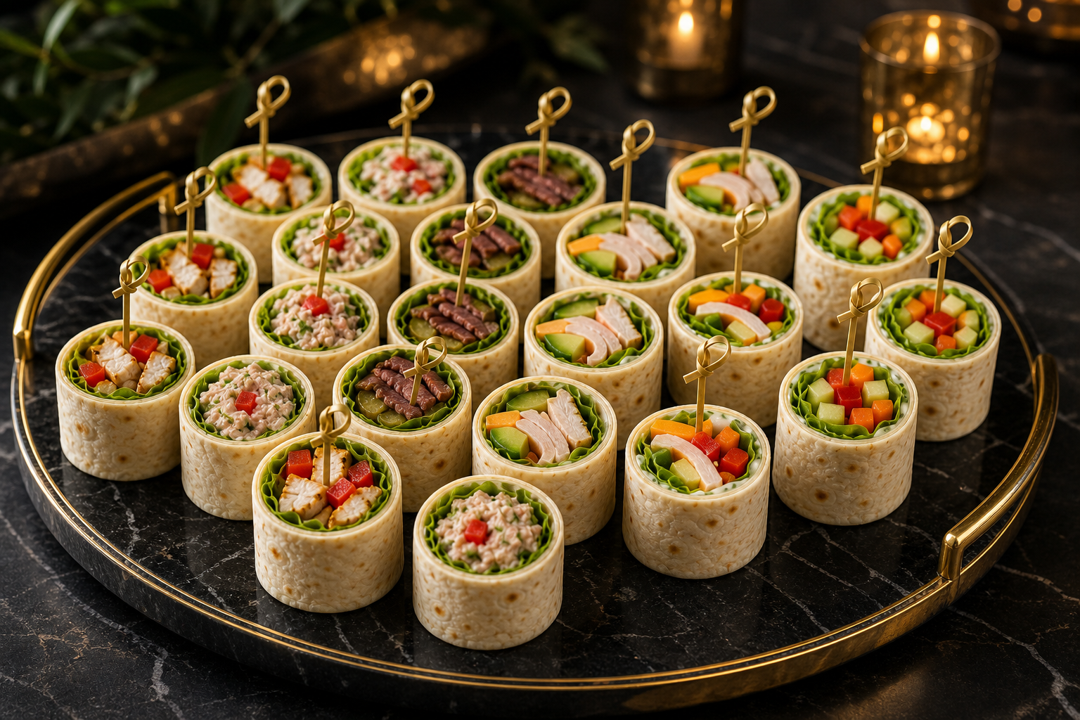 An elegant mixed platter of chicken, tuna, turkey, roast beef and vegetarian mini wraps
