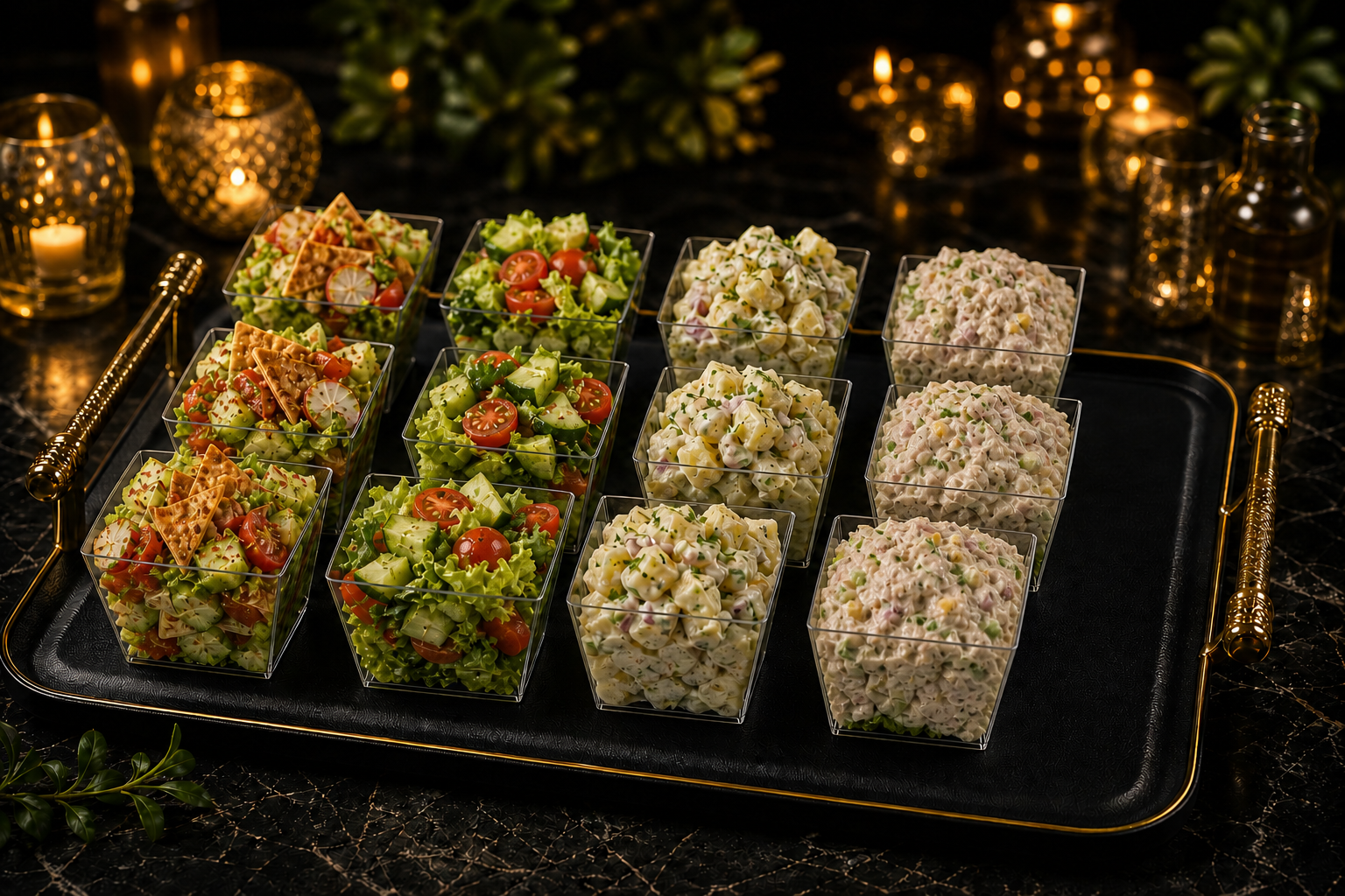 An elegant mixed tray of fattoush, garden, potato and tuna salad cups