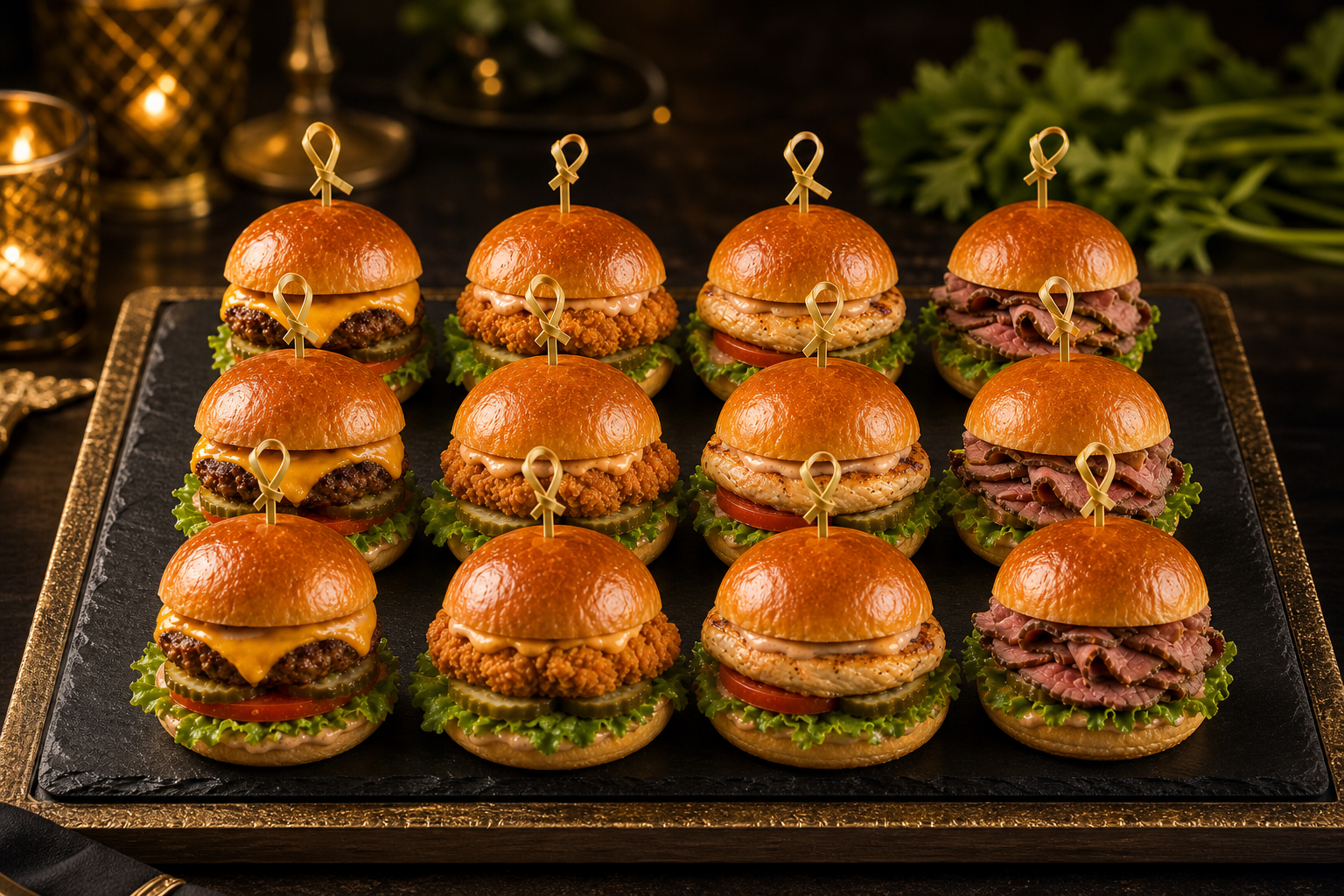 An elegant mixed platter of halal beef, grilled chicken, crispy chicken and roast beef mini sliders